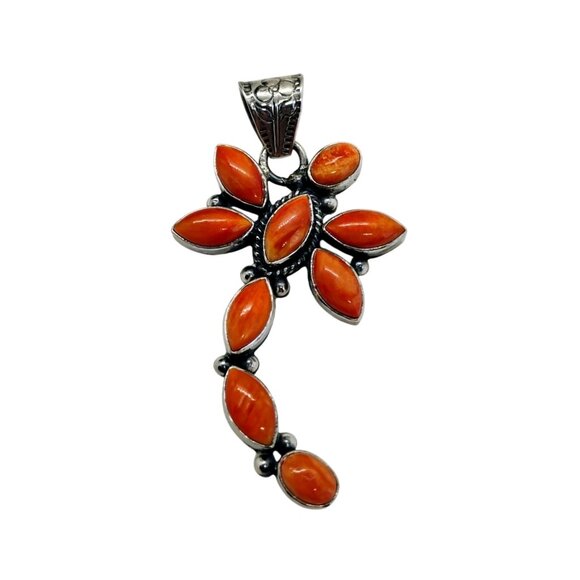 Large Dragonfly Pendant Orange Spiny Oyster Shell Sterling Silver - Picture 1 of 6